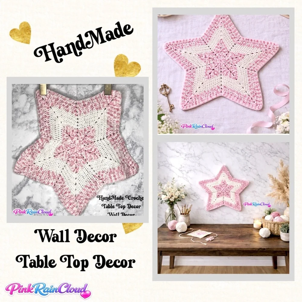 HandMade Crochet Star Shaped Pink White Center Piece / Wall Decor PinkRainCloud